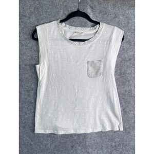 Hem & Thread Womens White Slub Knit Sleeveless Muscle Tank Top Striped Pocket S